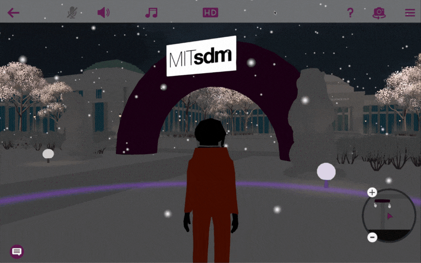 Virtual MIT campus during winter at night with snow-covered paths